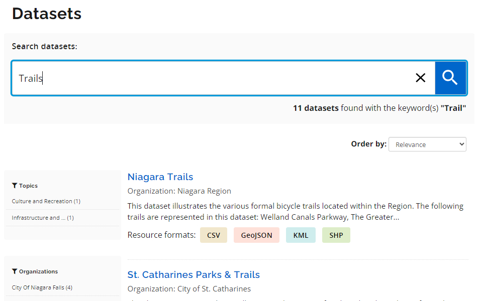 A screenshot of the dataset search results page. The user has searched for the word trails and 10 datasets were returned.