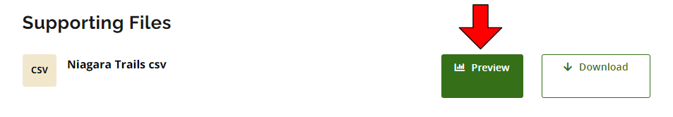 A screenshot of the data and resources section of the dataset description page. Each file in the dataset is listed. To the right of each file name is a preview button and a download button. An arrow is overlaid onto the screenshot that points to the preview button.