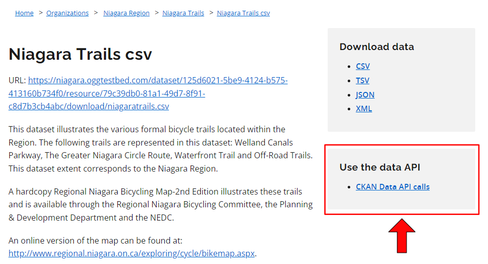 A screenshot of the file description page. The data API link is found under the panel labelled ‘Use the data API’. An arrow is overlaid onto the screenshot to point to the link.