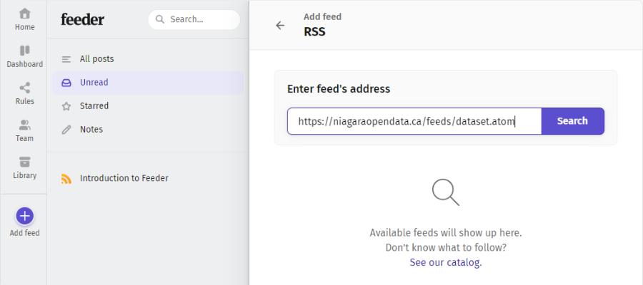 A screenshot of the configuration screen of a RSS reader. The feed url for the data catalogue has been entered into the form field for the feed url.
