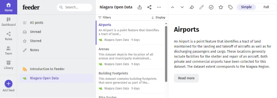 A screenshot of an RSS reader displaying recently updated datasets from the data catalogue. The latest four datasets are listed. 