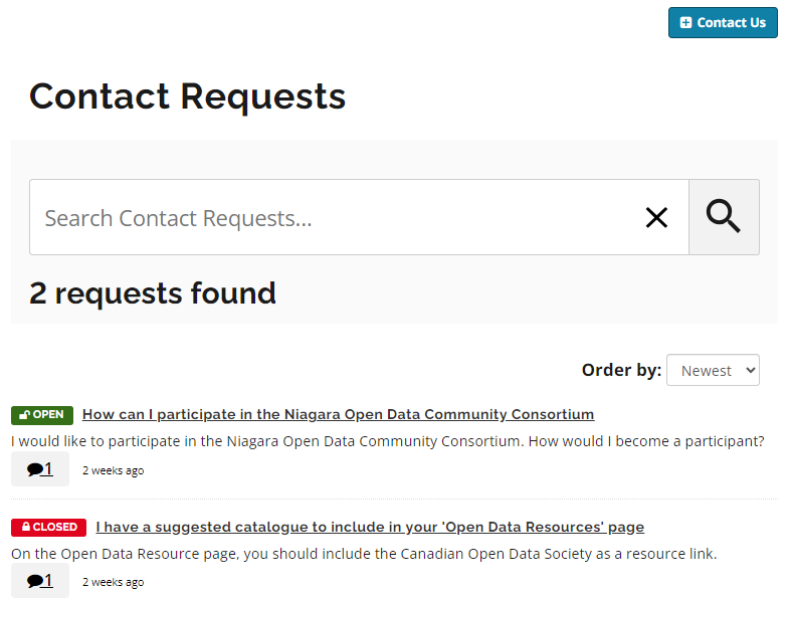 Example of the Contact Request tracking page.