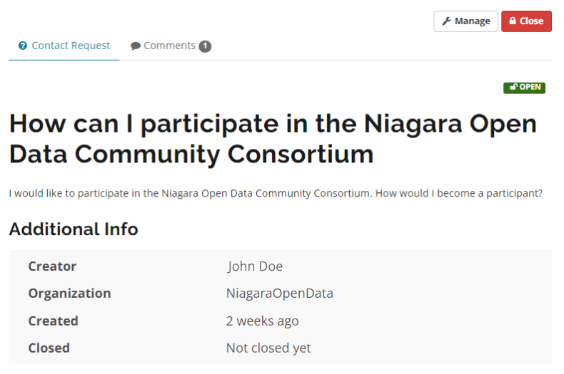 A screenshot of a submitted contact request, asking how a member can participate in the Niagara Open Data Community Consoritum.