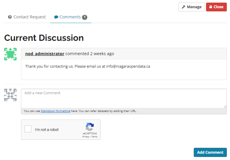 A screenshot of a Comment Request comment screen. Displayed in a comment from the N.0.D. Administrator requesting they are contacted via eamil.
